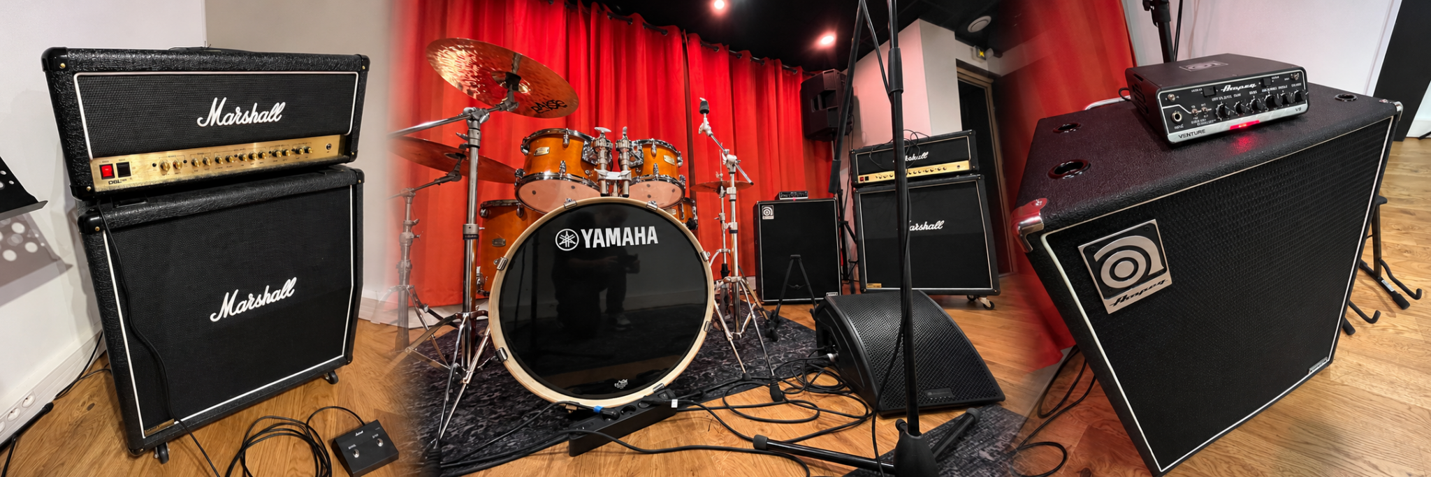Montage panoramique de trois équipements musicaux-3 Batterie Yamaha et amplificateurs dans un studio de répétition équipé aux Studios 7ème Ciel à Malakoff.
