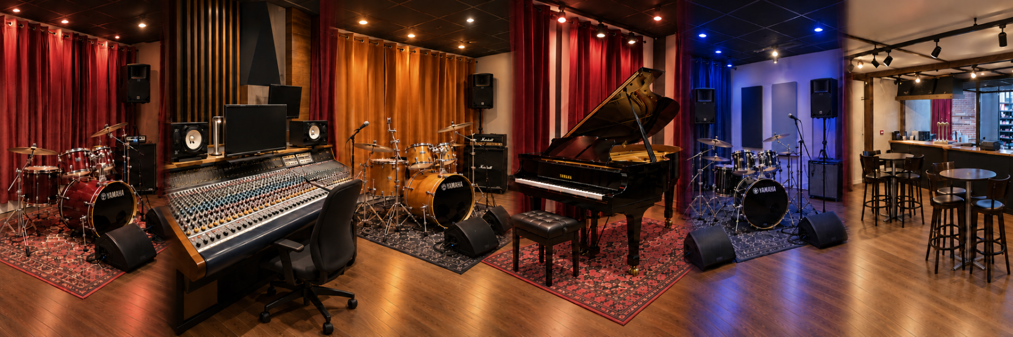 Panorama de studios musicaux colorés Préamplificateurs et processeurs audio en rack dans la régie du studio d’enregistrement à Malakoff.