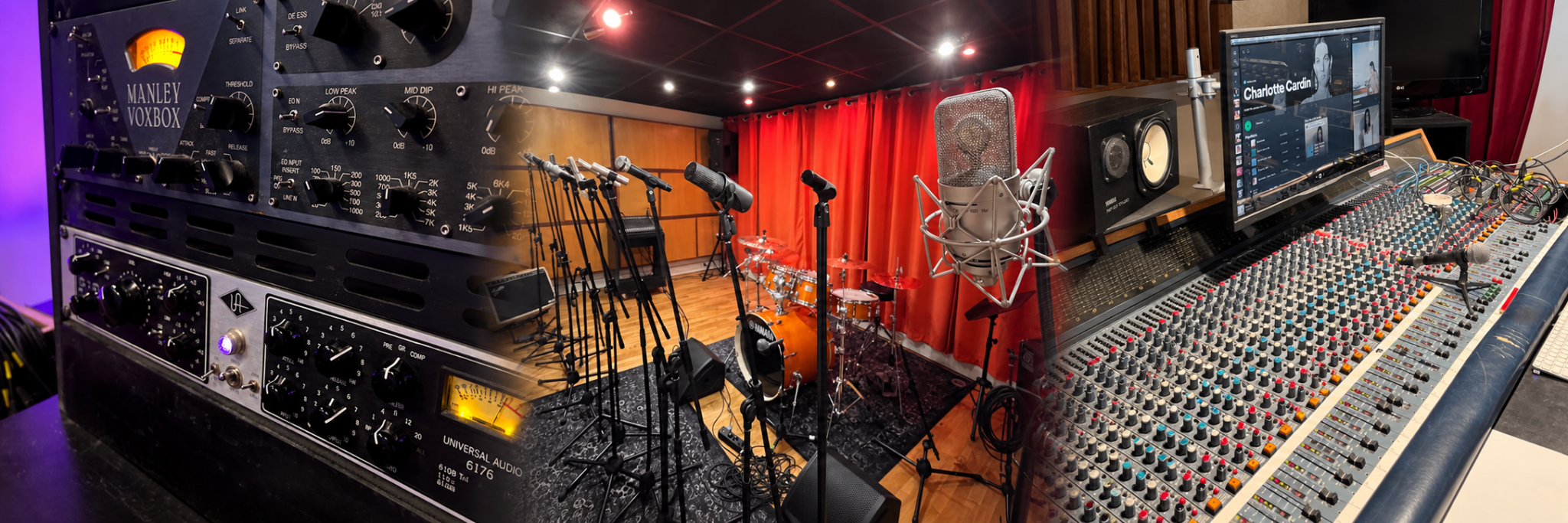 Panorama d’équipements en trois vues-2 Microphones et batterie dans l’espace de prise de son des Studios 7ème Ciel à Malakoff.