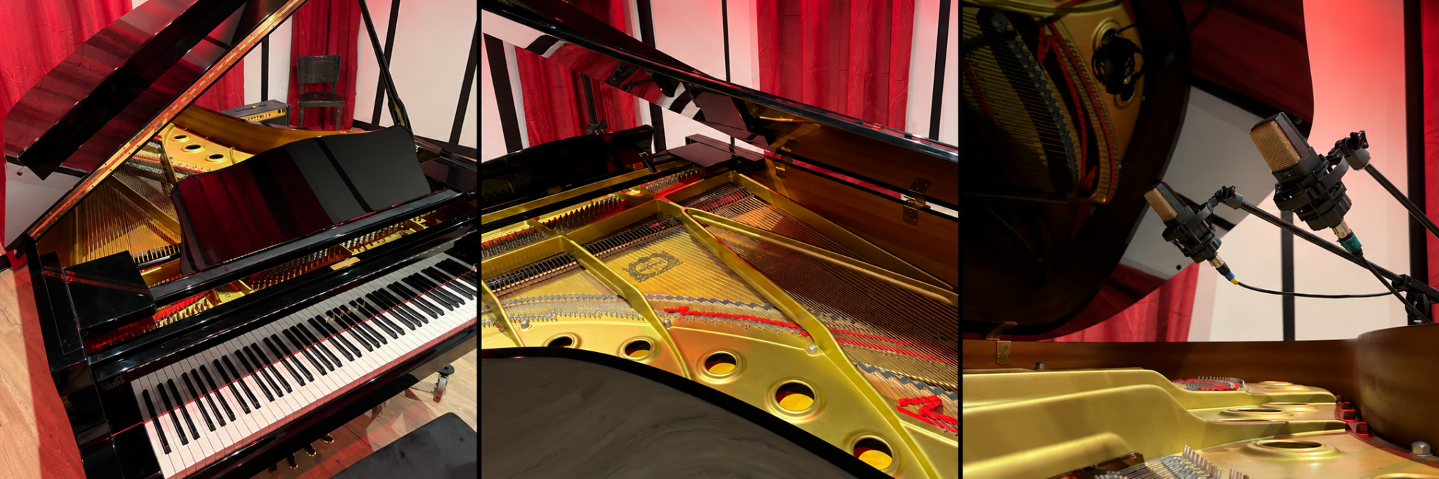 Triptyque panoramique d’un piano Yamaha Cordes et mécanique du piano à queue Yamaha C7 utilisé pour l’enregistrement en studio aux Studios 7ème Ciel.